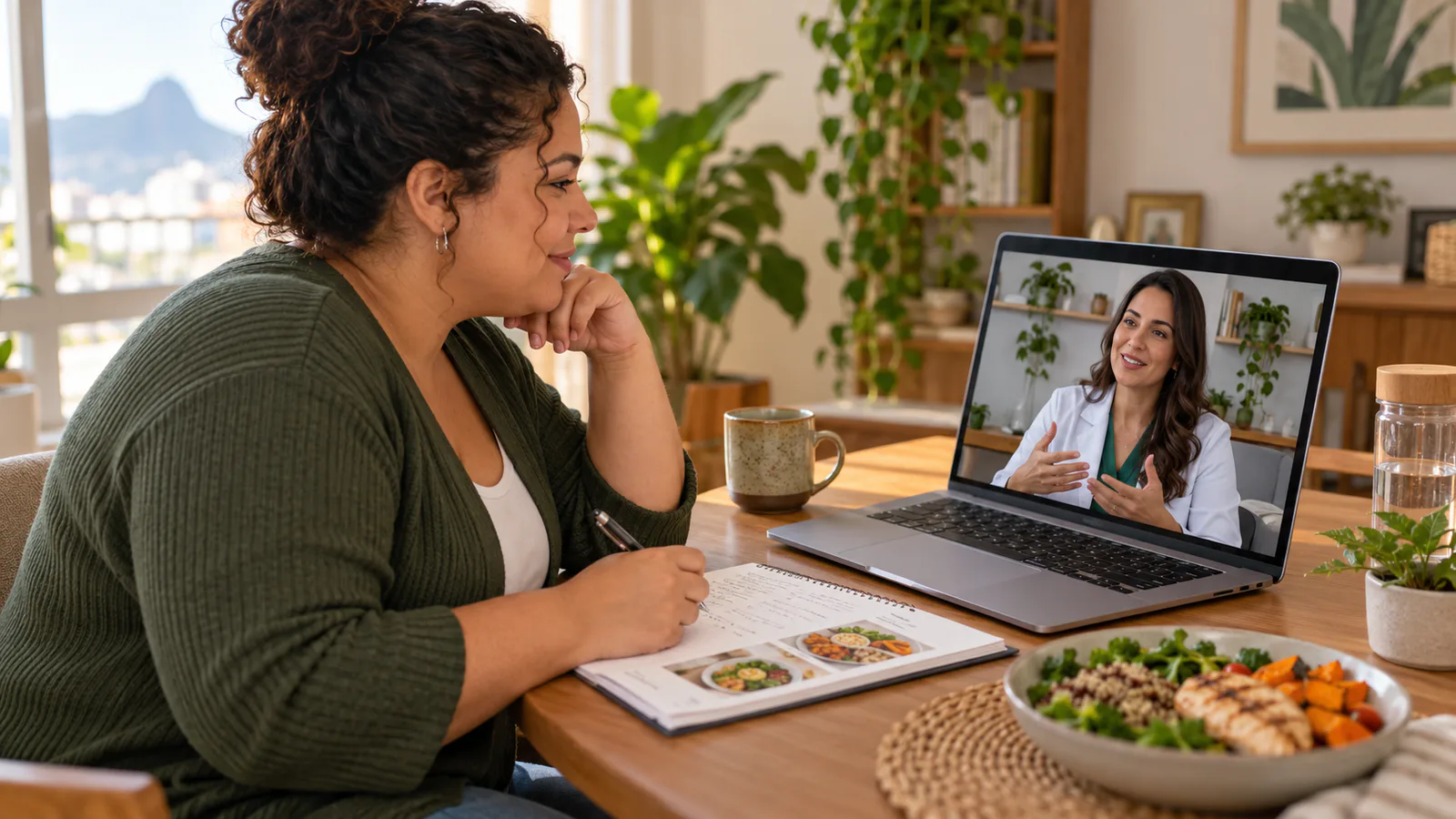 Paciente em consulta online com nutricionista para acompanhamento após cirurgia bariátrica
